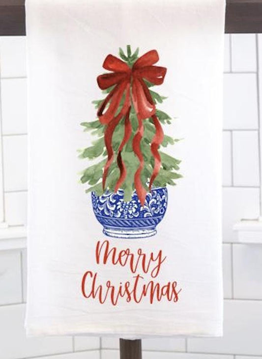 Merry Christmas Chinoiserie Tree Flour Sack Tea Towel - Hostess Gift - Housewarming Gift