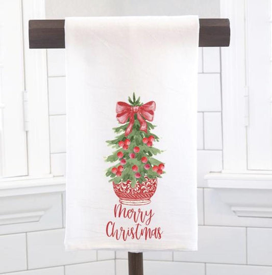 Merry Christmas Chinoiserie Tree Flour Sack Tea Towel - Hostess Gift - Housewarming Gift