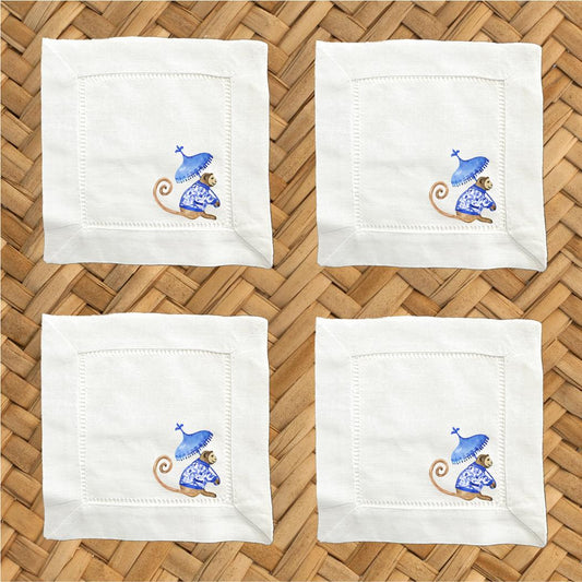 Chinoiserie Monkey Linen Cocktail Napkins – Hemstitch Set of 4