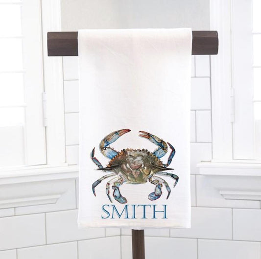 Personalized Custom Blue Crab Flour Sack Tea Towel - Gift for Crab Lover