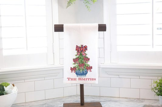 Personalized Chinoiserie Tartan Plaid Bows Flour Sack Tea Towel - Hostess Gift - Housewarming Gift