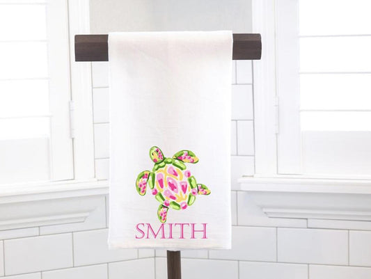 Personalized Custom Pink Green Turtle Flour Sack Tea Towel - Preppy Gift