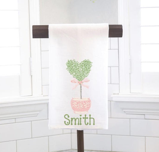 Personalized Heart Topiary Pink Bow Chinoiserie Flour Sack Tea Towel - Hostess Gift - Housewarming Gift - Valentines Day