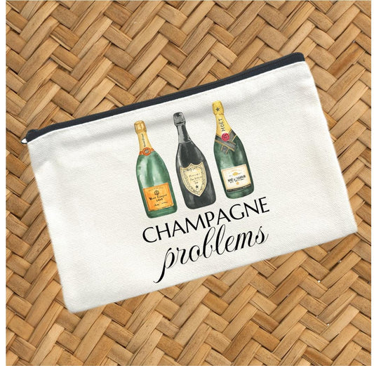 Champagne Problems Canvas Make Up Pouch, Travel Cosmetic Bag, Makeup Bag, Travel Organizer, Bridesmaids Gift, Travel Accessory Pouch