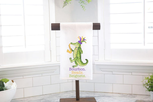 Mardi Gras Alligator Flour Sack Towel, Bourbon Beads Beignets
