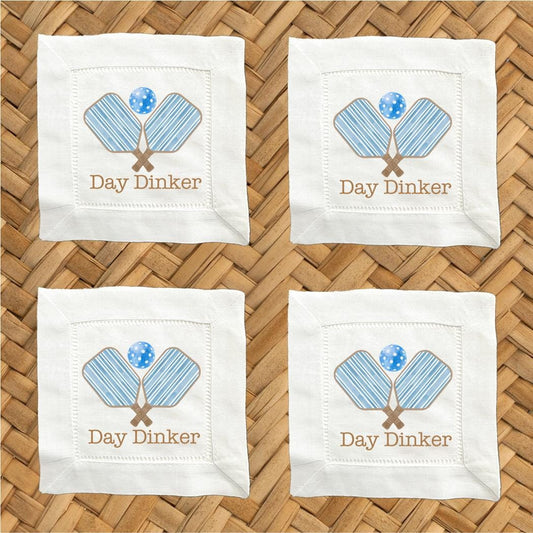 Day Dinker Blue Pickleball Linen Cocktail Napkins -  6 x 6 Inch Cloth Hemstitch Fabric Napkins - Set of 4