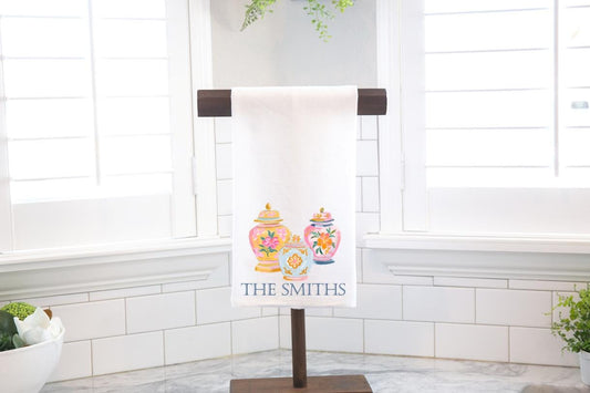 Personalized Chinoiserie Ginger Jar Flour Sack Tea Towel - Hostess Gift - Housewarming Gift - Grandmillennial- Preppy