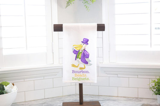 Mardi Gras Pelican, Bourbon Beads Beignets, Flour Sack Tea Towel - Hostess Gift - Housewarming Gift - Preppy