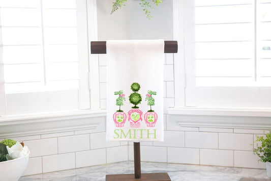 Personalized Chinoiserie Pink Spring Easter Topiary Flour Sack Tea Towel - Hostess Gift - Housewarming Gift - Custom