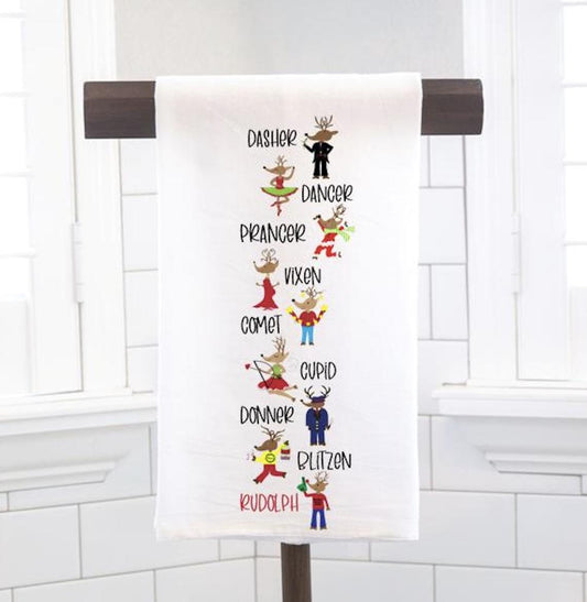 Santa's Reindeer Christmas Tree Flour Sack Tea Towel - Hostess Gift - Housewarming Gift