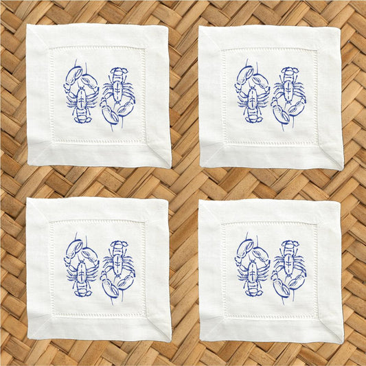 Hostess Gift Linen Cocktail Napkins - Navy Lobster Print - Set of 4