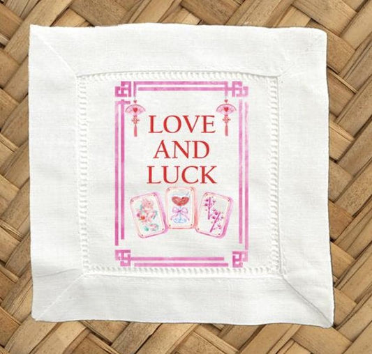 Mahjong Love & Luck Linen Cocktail Napkins – Hemstitch Set of 4
