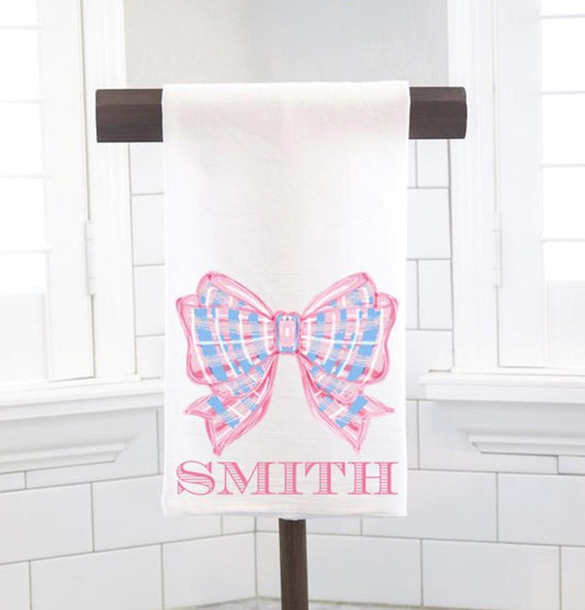 Personalized Pastel Pink Spring Easter Bow Topiary Flour Sack Tea Towel - Hostess Gift - Housewarming Gift - Custom