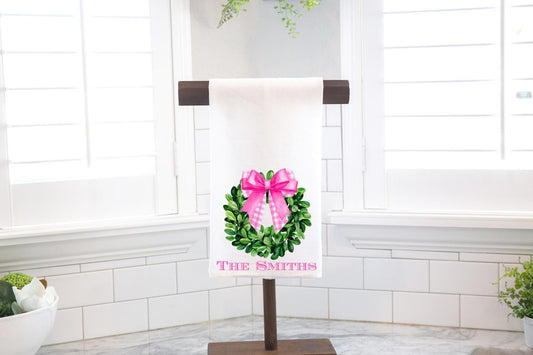 Personalized Pink Bow Easter Boxwood Wreath Flour Sack Tea Towel - Hostess Gift - Housewarming Gift