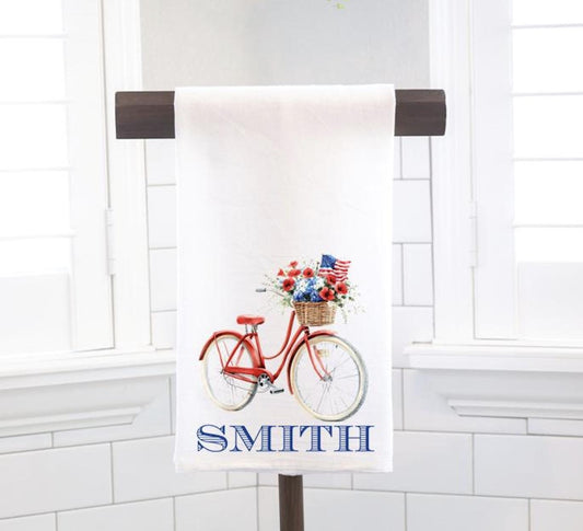 Personalized Patriotic Bicycle Flour Sack Tea Towel- Hostess Gift - Housewarming Gift - July 4th