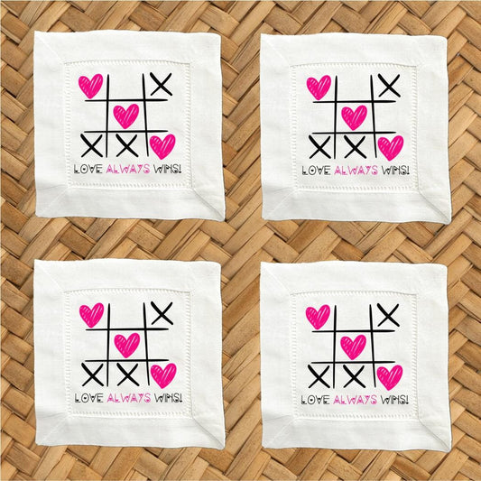 Love Wins Linen Cocktail Napkins - Hemstitch Fabric, Set of 4