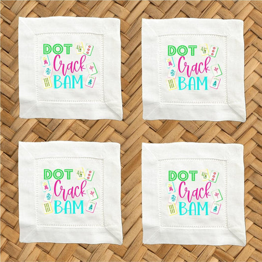 Dot Crack Bam Linen Cocktail Napkins -  6 x 6 Inch Cloth Hemstitch Fabric Napkins - Set of 4