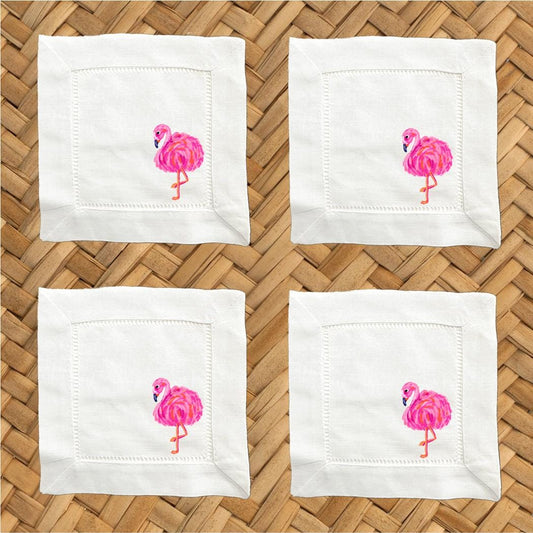 Flamingo Linen Cocktail Napkins - Hemstitch Fabric, Set of 4