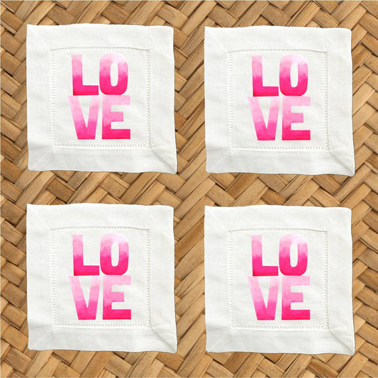 Love Linen Cocktail Napkins - Hemstitch Valentine's Day Napkins, Set of 4
