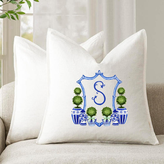 Personalized Chinoiserie Topiary Crest Linen Pillow Cover, 22" Square