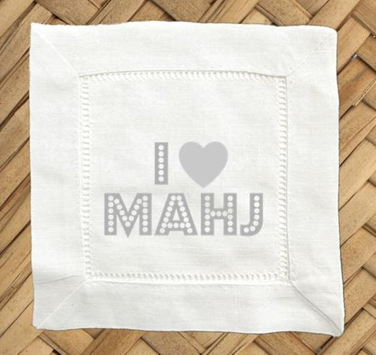 Mahjong Gift For Friend -  I Love Mahj Linen Cocktail Napkins – Hemstitch Cloth Set (6 x 6 Inch)