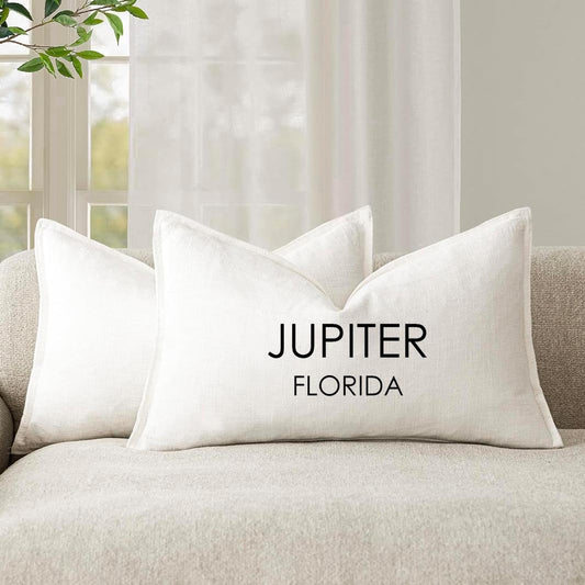 Personalized Linen Lumbar Pillow Cover, Location City State, Cozy Home Decor