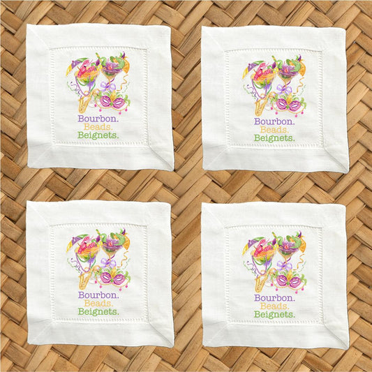 Mardi Gras Linen Cocktail Napkins, Hemstitch Fabric, Set of 4