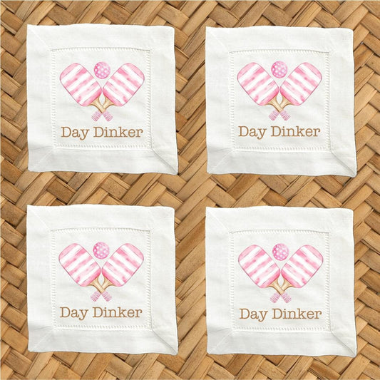 Day Dinker Pink Pickleball Linen Cocktail Napkins -  6 x 6 Inch Cloth Hemstitch Fabric Napkins - Set of 4