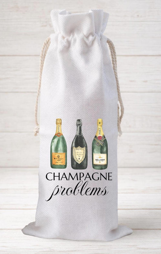 Champagne Problems, Wine Bottle Gift Bag – Reusable Drawstring Canvas Bag