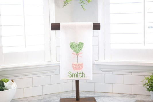 Personalized Heart Topiary Pink Bow Chinoiserie Flour Sack Tea Towel - Hostess Gift - Housewarming Gift - Valentines Day