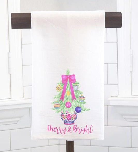 Merry & Bright Chinoiserie Tree Flour Sack Tea Towel - Hostess Gift - Housewarming Gift