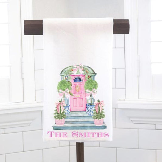 Personalized Pink Bows Flour Sack Tea Towel - Hostess Gift - Housewarming Gift - Custom - Spring - Easter