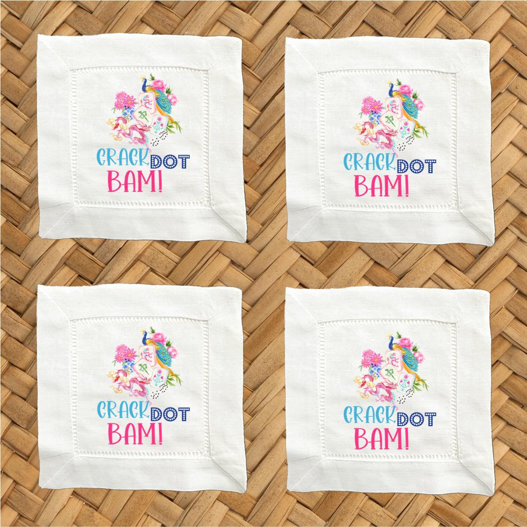 Mahjong Linen Cocktail Napkins - Set of 4, Hemstitch Edge