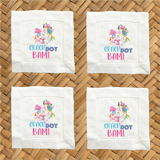 Mahjong Linen Cocktail Napkins - Set of 4, Hemstitch Edge