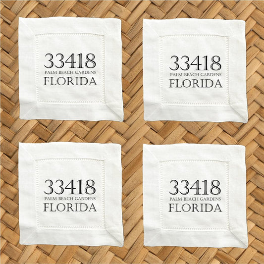 Personalized Zip Code Linen Cocktail Napkins for Wedding Gift - Set of 4