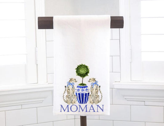 Personalized Blue Chinoiserie Cheetahs Topiary Tea Towel, Kitchen Towel