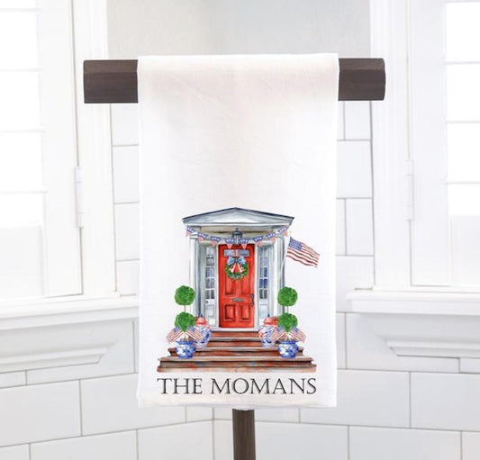 Personalized Patriotic Front Porch Flour Sack Tea Towel- Hostess Gift - Housewarming Gift - July 4th