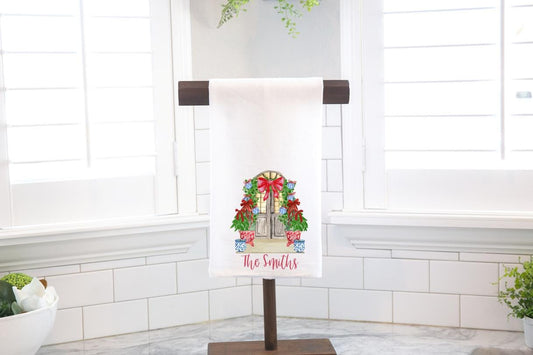 Personalized Christmas Front Porch Flour Sack Tea Towel- Hostess Gift - Housewarming Gift