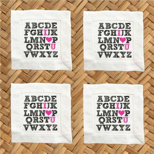 Valentine Alphabet Linen Cocktail Napkins - Hemstitch Set of 4