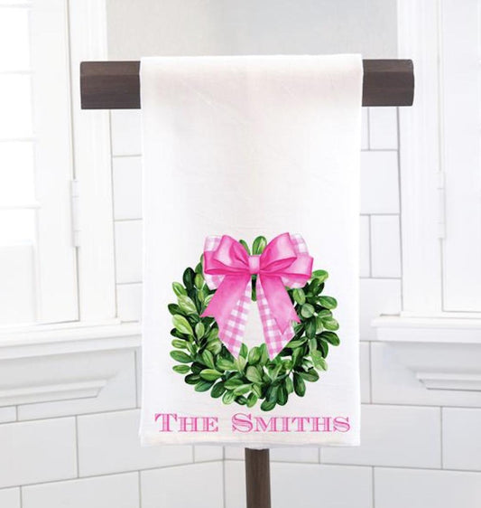 Personalized Pink Bow Easter Boxwood Wreath Flour Sack Tea Towel - Hostess Gift - Housewarming Gift