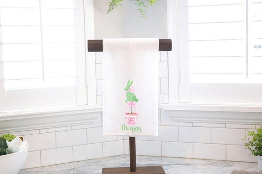 Personalized Chinoiserie Easter Bunny Topiary Tea Towel, Kitchen Towel