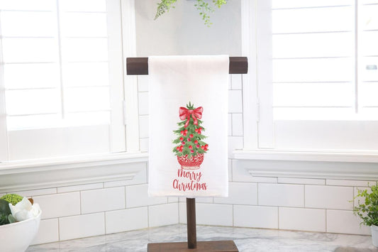 Merry Christmas Chinoiserie Tree Flour Sack Tea Towel - Hostess Gift - Housewarming Gift
