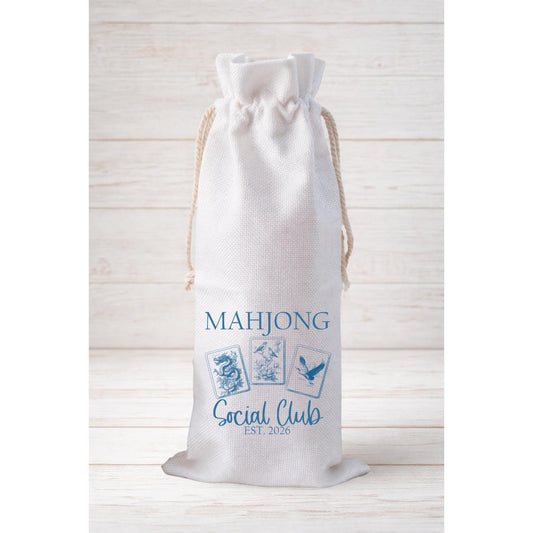 Mahjong Social Club Chinoiserie, Wine Bottle Gift Bag – Reusable Drawstring Canvas Bag