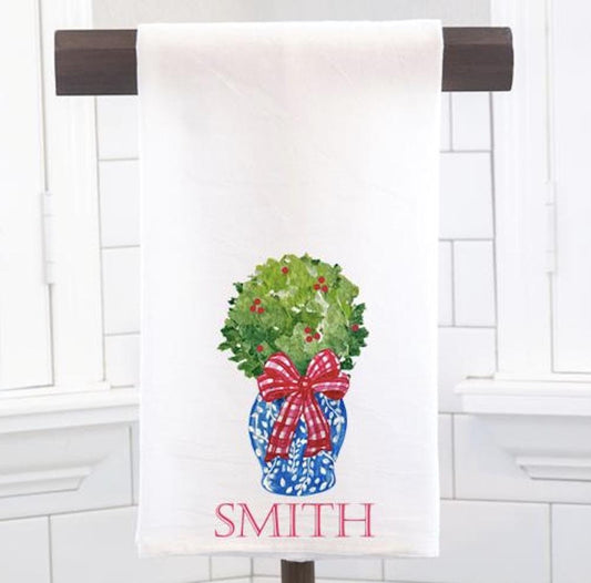 Personalized Christmas Chinoiserie Topiary Flour Sack Tea Towel - Hostess Gift - Housewarming Gift
