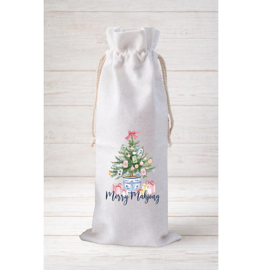 Merry Mahjong, Wine Bottle Gift Bag – Reusable Drawstring Canvas Bag