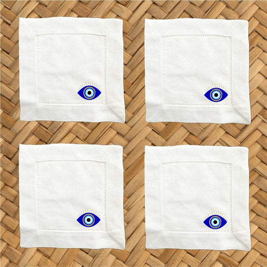 Evil Eye Linen Cocktail Napkins - Hemstitch Fabric, Set of 4