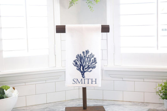 Personalized Custom Blue Coral Flour Sack Tea Towel - Gift for Oyster Lover