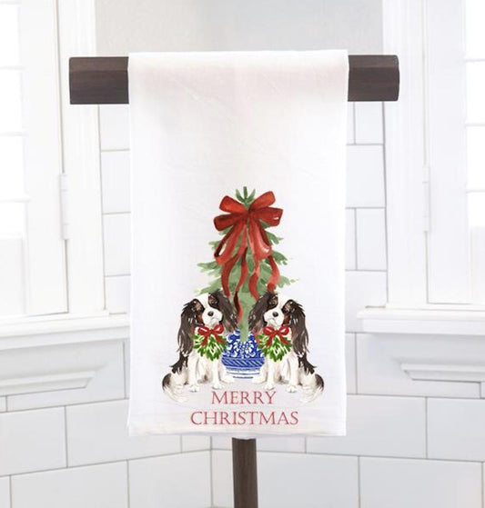 Christmas Tri Color Cavalier King Charles Chinoiserie Flour Sack Tea Towel - Dog Lover