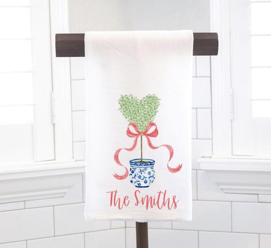 Personalized Heart Topiary Red Bow Chinoiserie Flour Sack Tea Towel - Hostess Gift - Housewarming Gift - Valentines Day