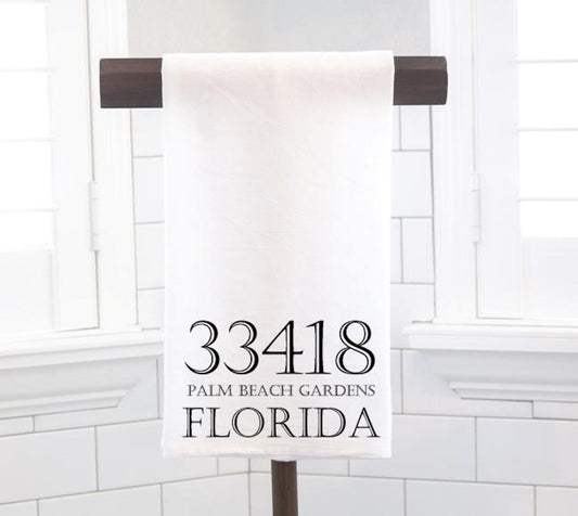 Zip Code, Location Coordinates Flour Sack Tea Towel - Hostess Gift - Housewarming Gift  - Preppy